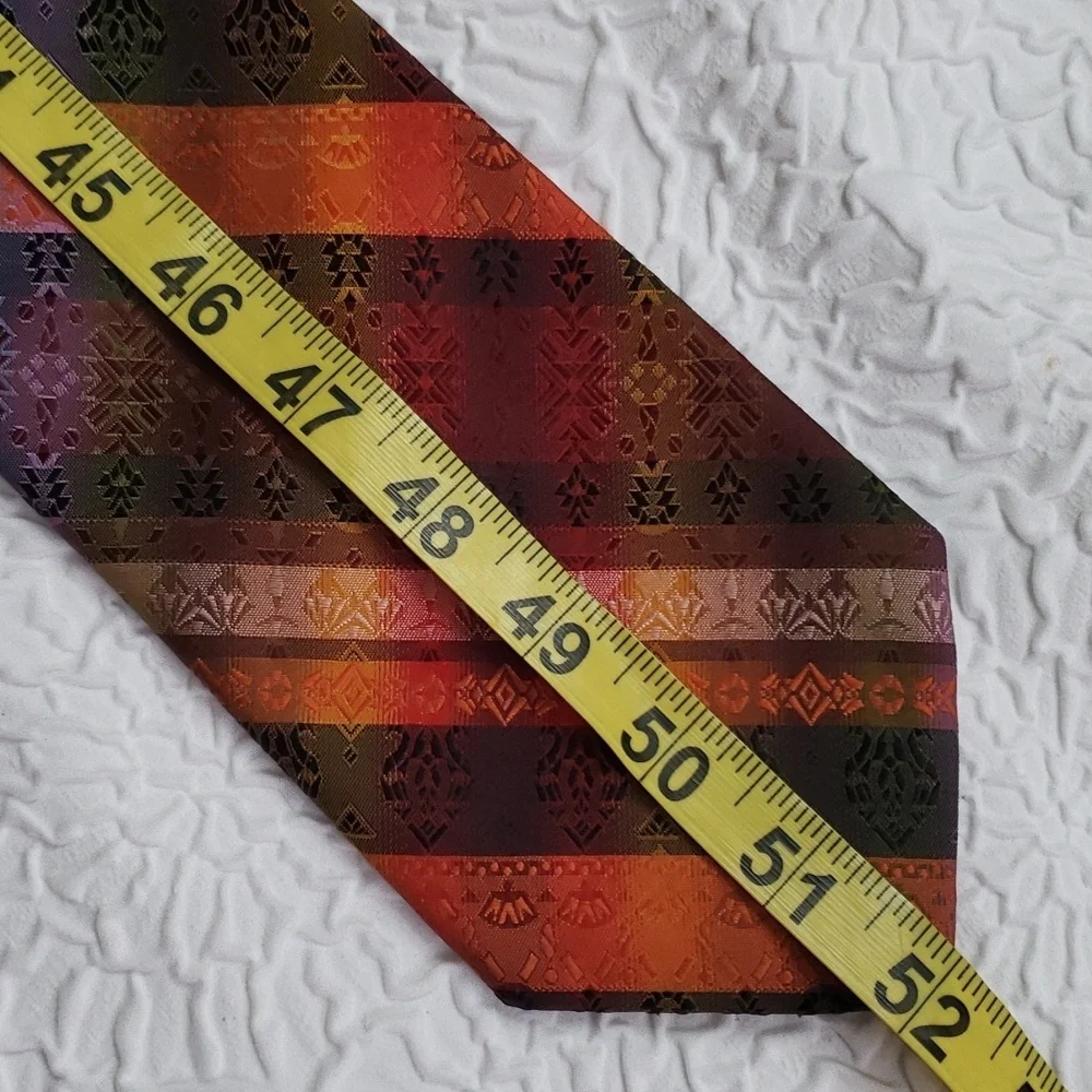 Wembley warm orange strip & print design tie, green blue gold, casual, Y2K